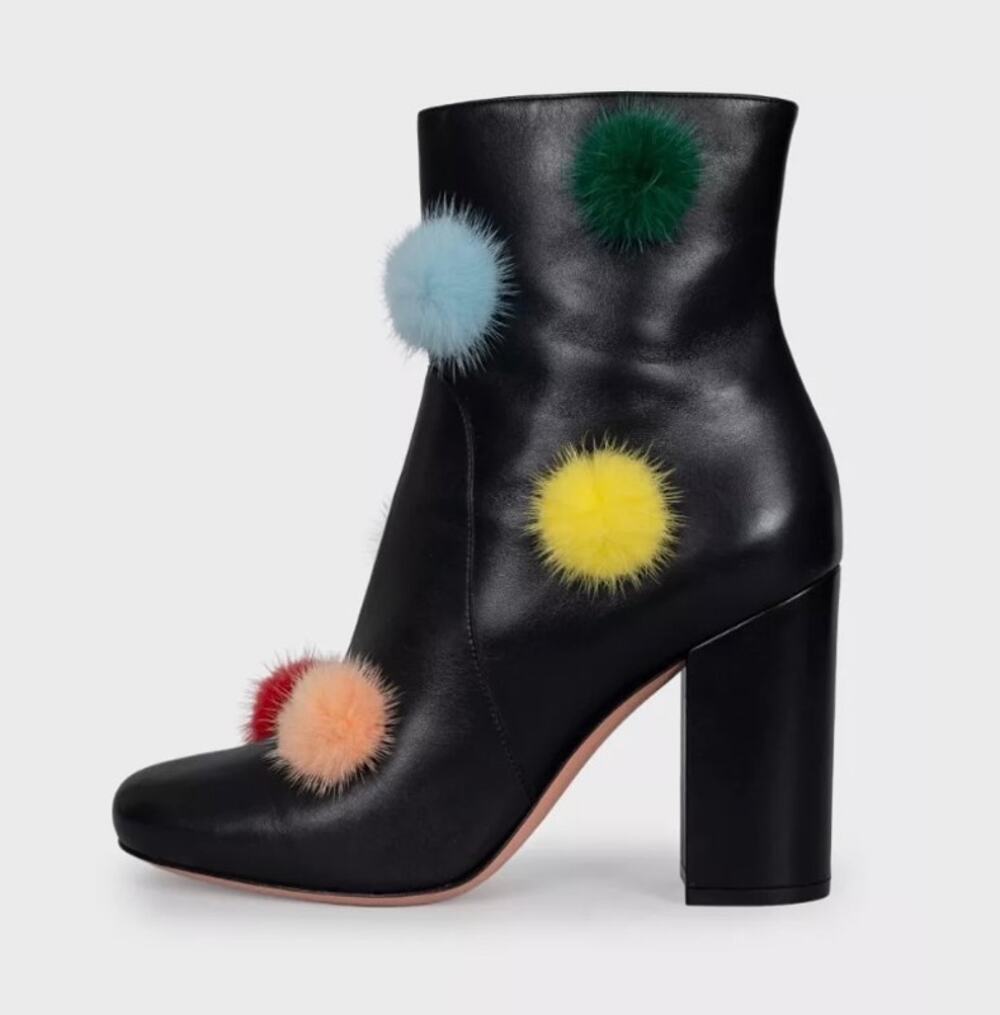 NWB Fendi Black Leather Ankle Boots Fur Pompom EU 39.5